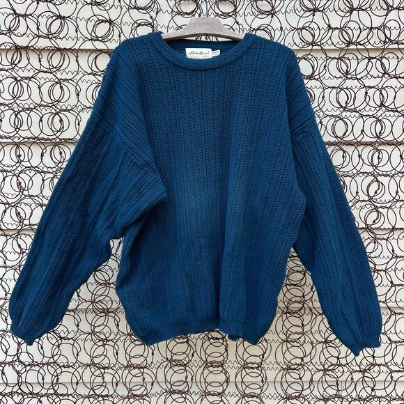 Vintage 90s Eddie Bauer Dark Teal Blue Rib Knit Crewneck Sweater Cotton LARGE - Picture 2 of 8